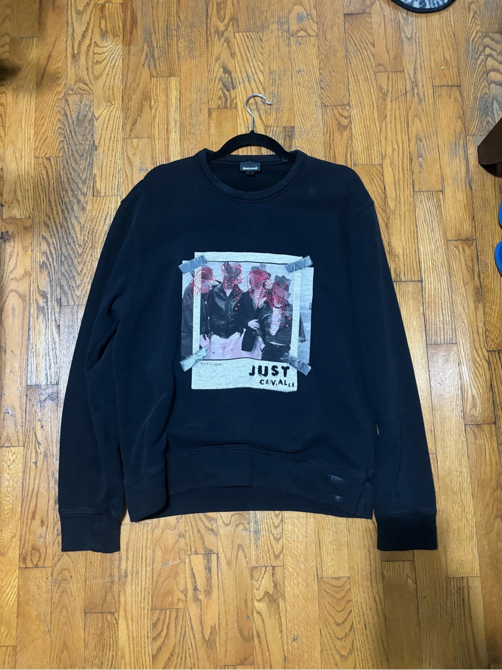 Just Cavalli Black Crewneck Sweatshirt with Pink-Accented Graphic